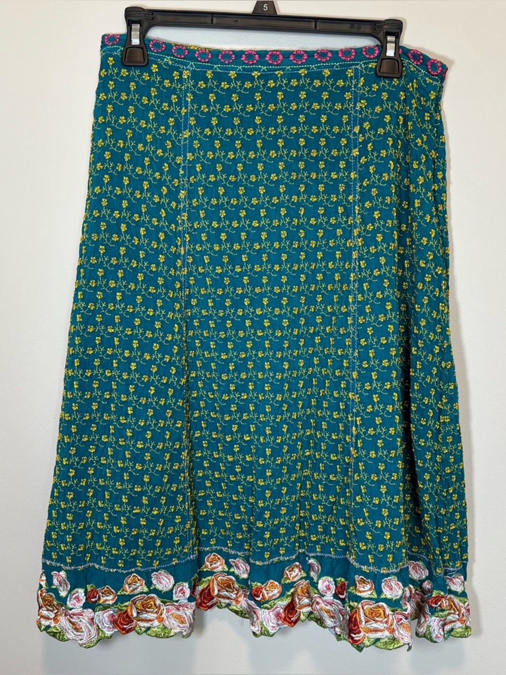 Johnny Was Boho Floral Embroidered Midi Skirt Festival Teal 6